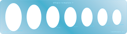 Blue plastic Jewelry Shape Template - Ellipse 1 Our special surface makes it easy to find these templates on your workbench, but allows clarity for positioning. Includes 8 ellipse shapes. Sizes are from 18.5mm x 32mm to 33.5mm x 58mm. 