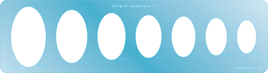 Blue plastic Jewelry Shape Template - Ellipse 1 Our special surface makes it easy to find these templates on your workbench, but allows clarity for positioning. Includes 8 ellipse shapes. Sizes are from 18.5mm x 32mm to 33.5mm x 58mm. 