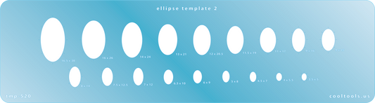 Blue plastic Jewelry Shape Template - Ellipse 2 Our special surface makes it easy to find these templates on your workbench, but allows clarity for positioning. Includes 18 ellipse shapes. Sizes are from 3.5mm x 5mm to 16.5mm x 30mm.