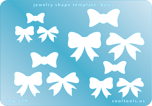Blue plastic Jewelry Shape Template - Bows Our special surface makes it easy to find these templates on your workbench, but allows clarity for positioning. Use smaller shapes for embossing or enamel stencils. Includes 12 bow shapes. Sizes are from 15mm to 32mm. 