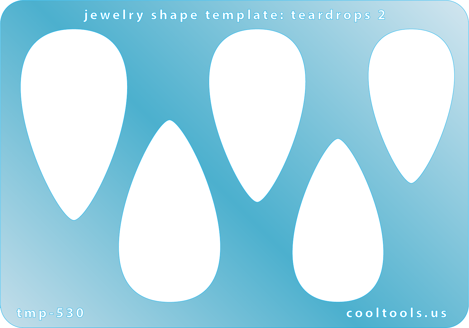 Blue plastic Jewelry Shape Template - Teardrops 2 Our special surface makes it easy to find these templates on your workbench, but allows clarity for positioning. Use smaller shapes for embossing or enamel stencils. Includes 5 teardrop shapes. Sizes are from 24mm to 29mm.