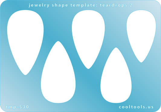 Blue plastic Jewelry Shape Template - Teardrops 2 Our special surface makes it easy to find these templates on your workbench, but allows clarity for positioning. Use smaller shapes for embossing or enamel stencils. Includes 5 teardrop shapes. Sizes are from 24mm to 29mm.