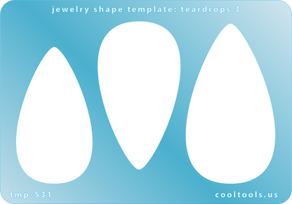 Blue plastic Jewelry Shape Template - Teardrops 3 Our special surface makes it easy to find these templates on your workbench, but allows clarity for positioning. Use smaller shapes for embossing or enamel stencils. Includes 3 teardrop shapes. Sizes are from 30mm to 40mm.