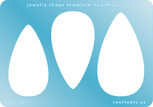 Blue plastic Jewelry Shape Template - Teardrops 3 Our special surface makes it easy to find these templates on your workbench, but allows clarity for positioning. Use smaller shapes for embossing or enamel stencils. Includes 3 teardrop shapes. Sizes are from 30mm to 40mm.