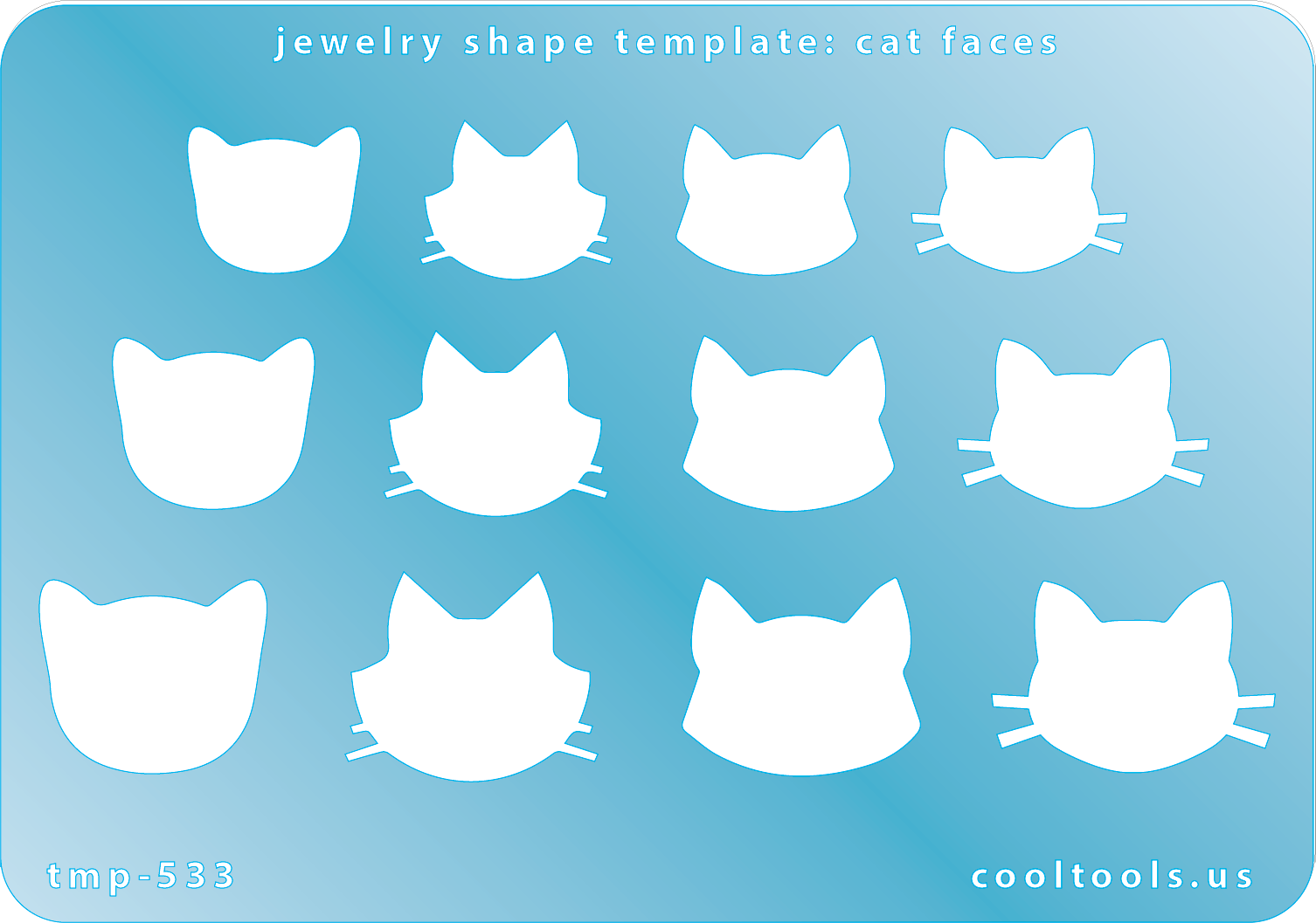 Blue plastic Jewelry Shape Template - Cat Faces Our special surface makes it easy to find these templates on your workbench, but allows clarity for positioning. Use smaller shapes for embossing or enamel stencils. Includes 12 cat face shapes. Sizes are from 17mm to 23mm.