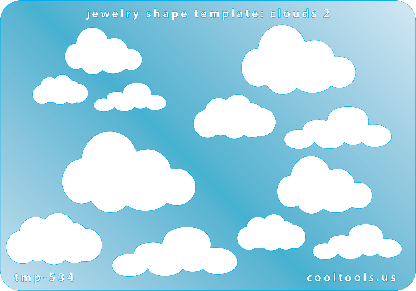 Blue plastic Jewelry Shape Template - Clouds 2 Our special surface makes it easy to find these templates on your workbench, but allows clarity for positioning. Includes 12 cloud shapes. Sizes are from 17mm to 40mm.