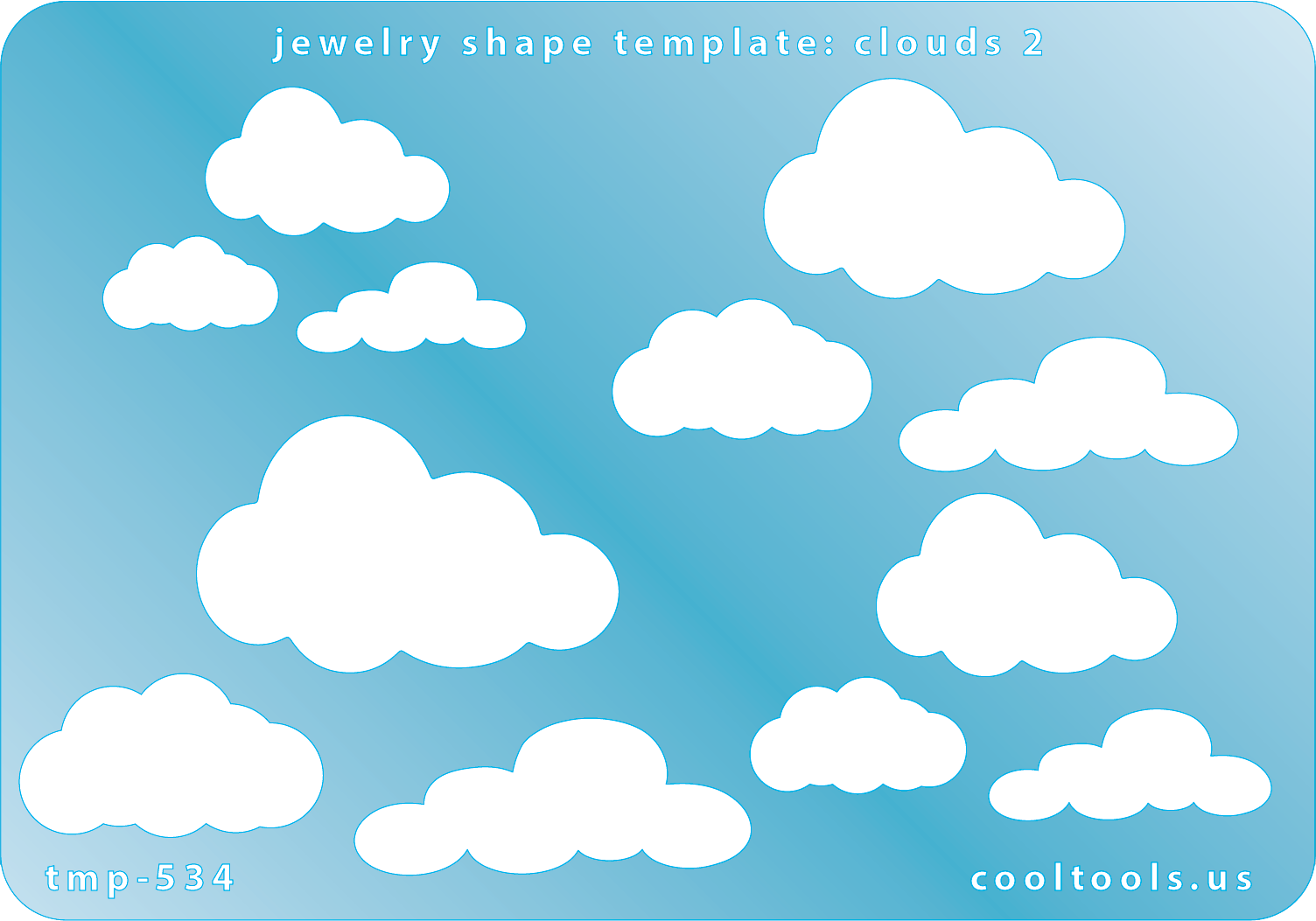 Blue plastic Jewelry Shape Template - Clouds 2 Our special surface makes it easy to find these templates on your workbench, but allows clarity for positioning. Includes 12 cloud shapes. Sizes are from 17mm to 40mm.