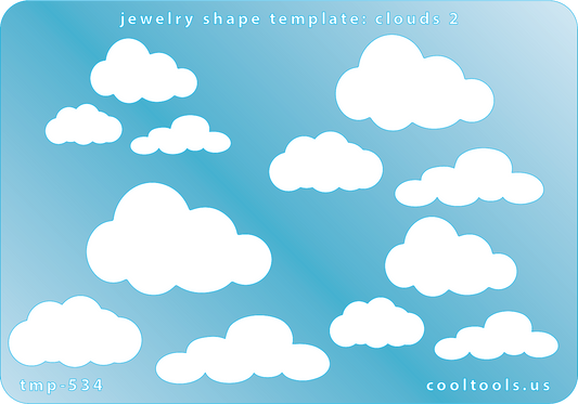 Blue plastic Jewelry Shape Template - Clouds 2 Our special surface makes it easy to find these templates on your workbench, but allows clarity for positioning. Includes 12 cloud shapes. Sizes are from 17mm to 40mm.