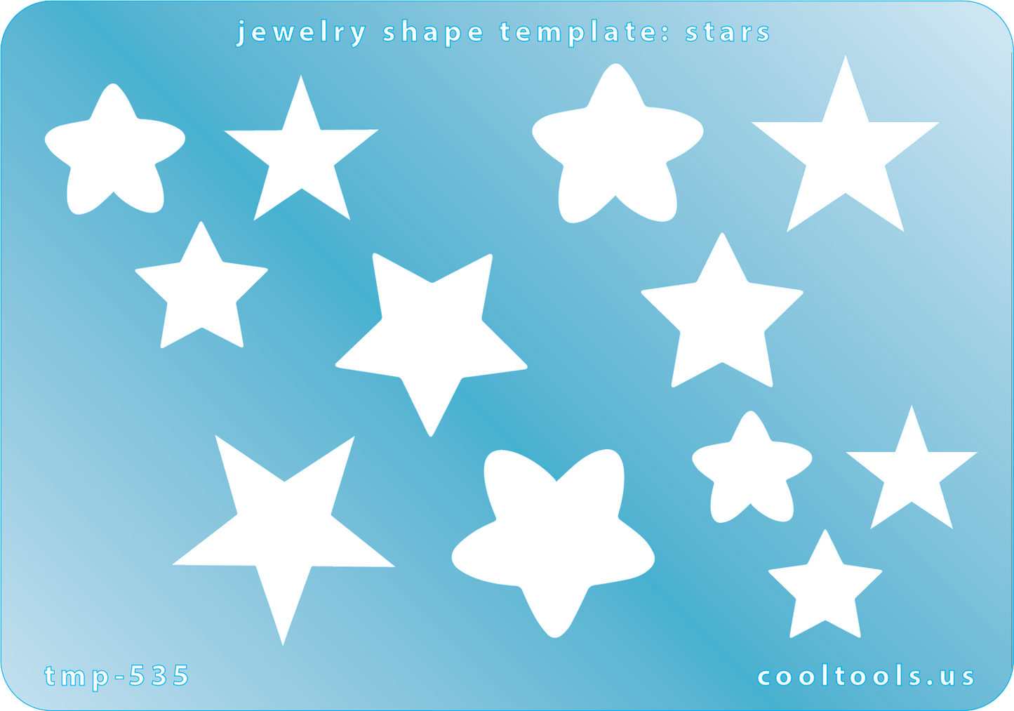 Blue plastic Jewelry Shape Template - Stars Our special surface makes it easy to find these templates on your workbench, but allows clarity for positioning. Use smaller shapes for embossing or enamel stencils. Includes 12 star shapes. Sizes are from 13mm to 27mm.