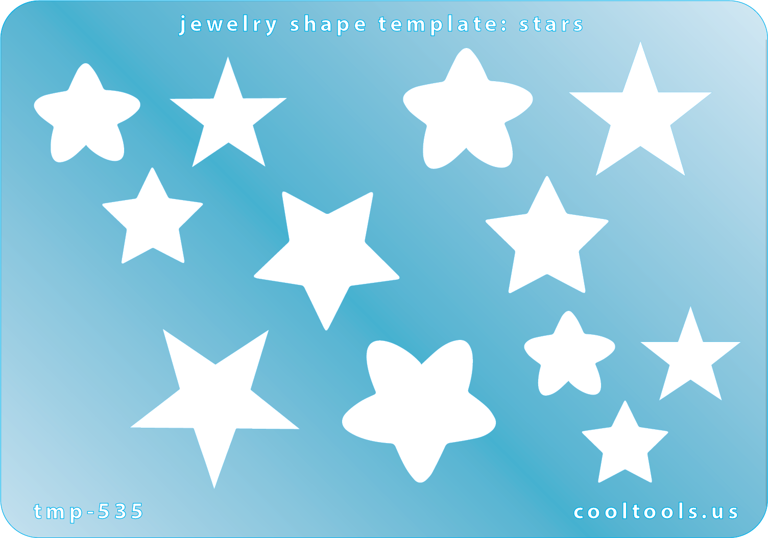 Blue plastic Jewelry Shape Template - Stars Our special surface makes it easy to find these templates on your workbench, but allows clarity for positioning. Use smaller shapes for embossing or enamel stencils. Includes 12 star shapes. Sizes are from 13mm to 27mm.
