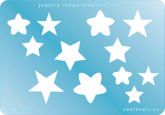 Blue plastic Jewelry Shape Template - Stars Our special surface makes it easy to find these templates on your workbench, but allows clarity for positioning. Use smaller shapes for embossing or enamel stencils. Includes 12 star shapes. Sizes are from 13mm to 27mm.