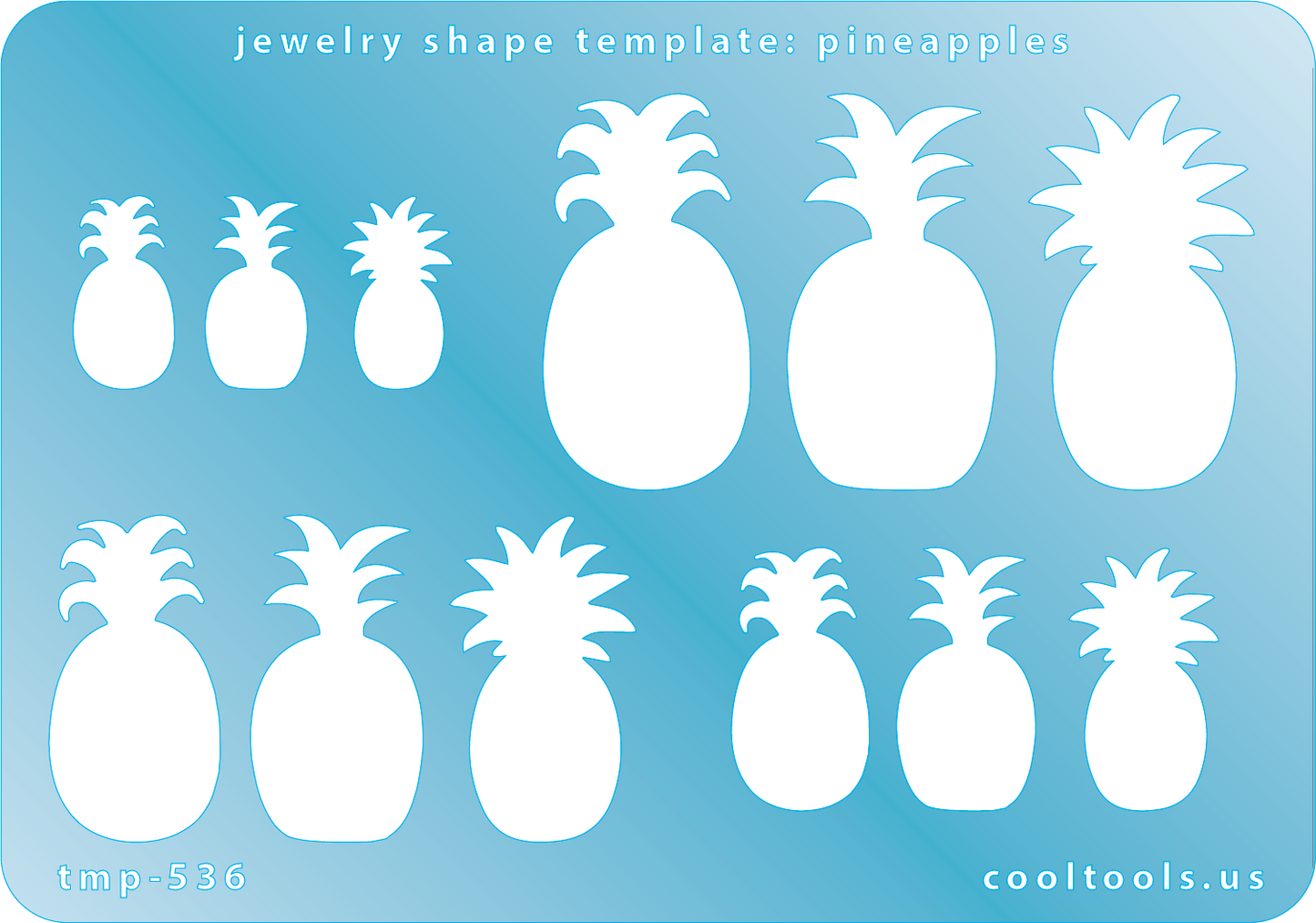 Blue plastic Jewelry Shape Template - Pineapples Our special surface makes it easy to find these templates on your workbench, but allows clarity for positioning. Use smaller shapes for embossing or enamel stencils. Includes 12 pineapple shapes. Sizes are from 8.5mm to 20mm.