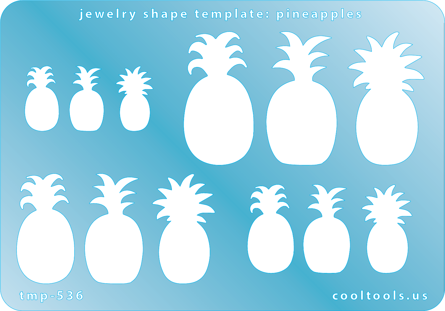 Blue plastic Jewelry Shape Template - Pineapples Our special surface makes it easy to find these templates on your workbench, but allows clarity for positioning. Use smaller shapes for embossing or enamel stencils. Includes 12 pineapple shapes. Sizes are from 8.5mm to 20mm.