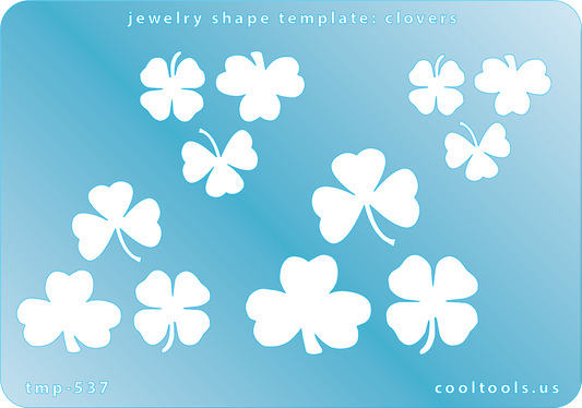 Blue plastic Jewelry Shape Template - Clovers Our special surface makes it easy to find these templates on your workbench, but allows clarity for positioning. Use smaller shapes for embossing or enamel stencils. Includes 12 clover shapes. Sizes are from 12mm to 27mm.