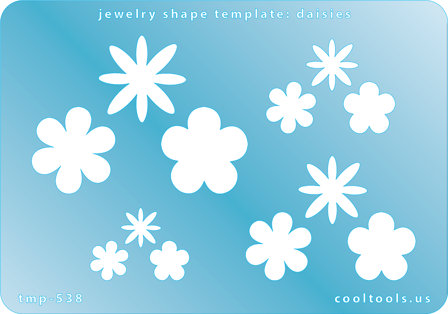Blue plastic Jewelry Shape Template - Daisies Our special surface makes it easy to find these templates on your workbench, but allows clarity for positioning. Use smaller shapes for embossing or enamel stencils. Includes 12 daisy shapes. Sizes are from 10mm to 24mm.