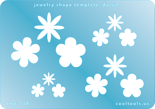 Blue plastic Jewelry Shape Template - Daisies Our special surface makes it easy to find these templates on your workbench, but allows clarity for positioning. Use smaller shapes for embossing or enamel stencils. Includes 12 daisy shapes. Sizes are from 10mm to 24mm.