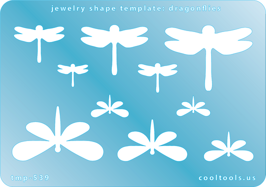 Blue plastic Jewelry Shape Template - Dragonflies Our special surface makes it easy to find these templates on your workbench, but allows clarity for positioning. Use smaller shapes for embossing or enamel stencils. Includes 10 dragonfly shapes. Sizes are from 14mm to 44.5mm.