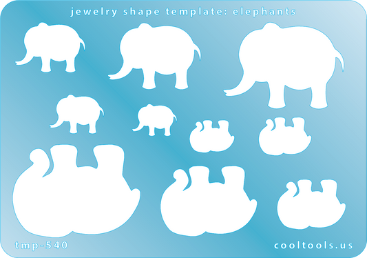 Blue plastic Jewelry Shape Template - Elephants Our special surface makes it easy to find these templates on your workbench, but allows clarity for positioning. Use smaller shapes for embossing or enamel stencils. Includes 10 elephant shapes. Sizes are from 14mm to 44mm.