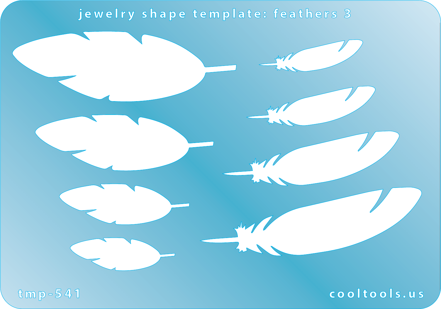  Blue plastic Jewelry Shape Template - Feathers 3 Our special surface makes it easy to find these templates on your workbench, but allows clarity for positioning. Use smaller shapes for embossing or enamel stencils. Includes 8 feather shapes. Sizes are from 30mm to 64mm.