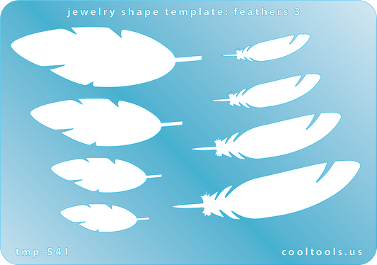  Blue plastic Jewelry Shape Template - Feathers 3 Our special surface makes it easy to find these templates on your workbench, but allows clarity for positioning. Use smaller shapes for embossing or enamel stencils. Includes 8 feather shapes. Sizes are from 30mm to 64mm.