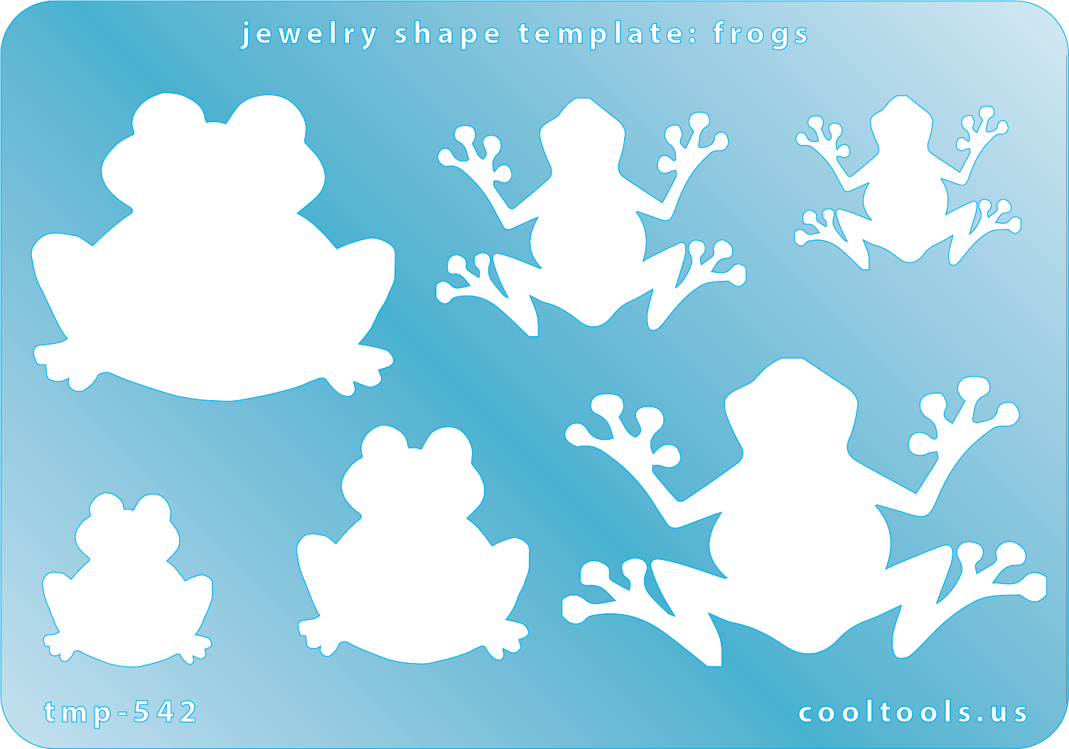 Blue plastic Jewelry Shape Template - Frogs Our special surface makes it easy to find these templates on your workbench, but allows clarity for positioning. Use smaller shapes for embossing or enamel stencils. Includes 6 frog shapes. Sizes are from 20mm to 57mm.