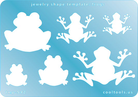 Blue plastic Jewelry Shape Template - Frogs Our special surface makes it easy to find these templates on your workbench, but allows clarity for positioning. Use smaller shapes for embossing or enamel stencils. Includes 6 frog shapes. Sizes are from 20mm to 57mm.