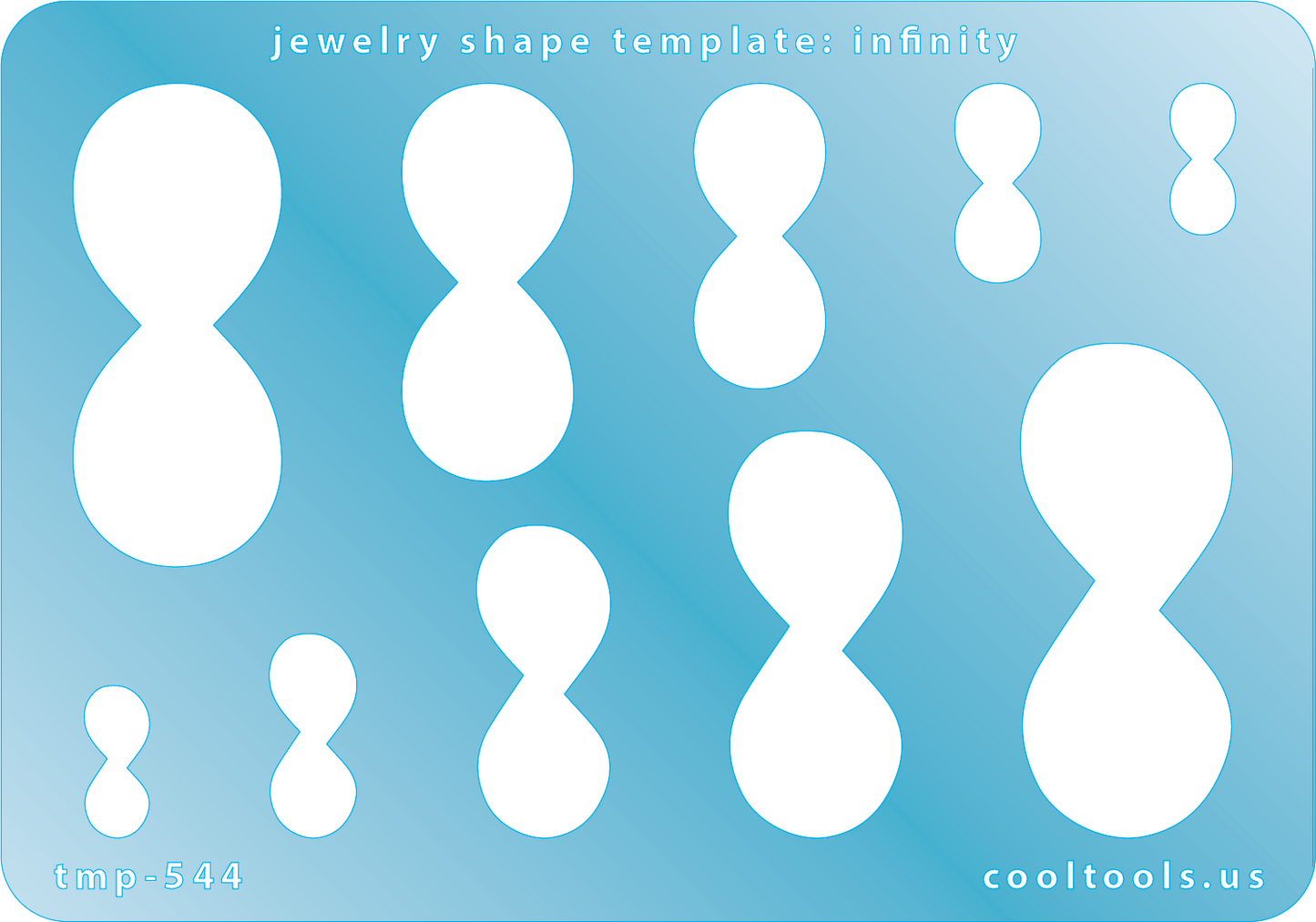 Blue plastic Jewelry Shape Template - Infinity Our special surface makes it easy to find these templates on your workbench, but allows clarity for positioning. Use smaller shapes for embossing or enamel stencils. Includes 10 shapes. Sizes are from 6mm to 20mm.
