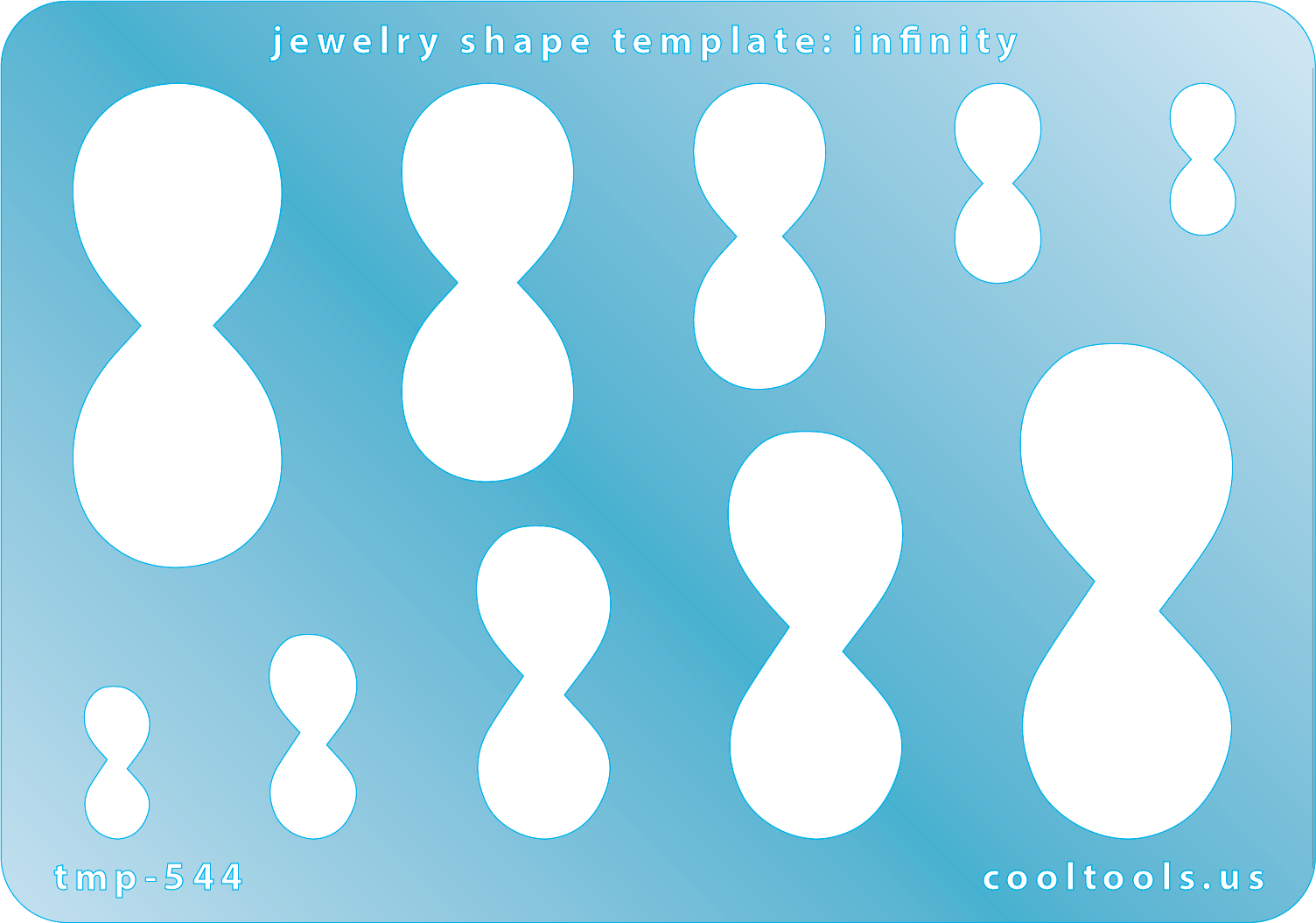 Blue plastic Jewelry Shape Template - Infinity Our special surface makes it easy to find these templates on your workbench, but allows clarity for positioning. Use smaller shapes for embossing or enamel stencils. Includes 10 shapes. Sizes are from 6mm to 20mm.