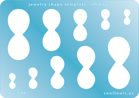 Blue plastic Jewelry Shape Template - Infinity Our special surface makes it easy to find these templates on your workbench, but allows clarity for positioning. Use smaller shapes for embossing or enamel stencils. Includes 10 shapes. Sizes are from 6mm to 20mm.