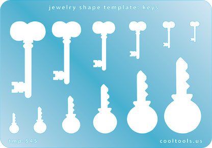 Blue plastic Jewelry Shape Template - Keys Our special surface makes it easy to find these templates on your workbench, but allows clarity for positioning. Use smaller shapes for embossing or enamel stencils. Includes 12 key shapes. Sizes are from 6mm to 22mm.