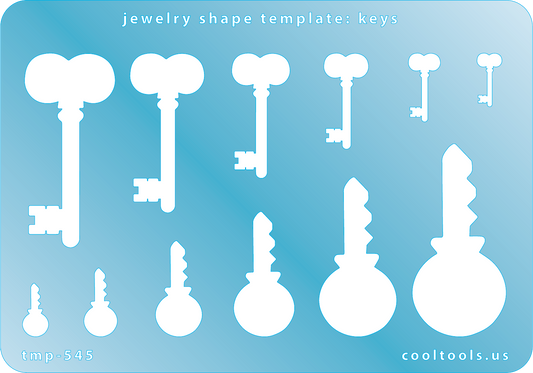Blue plastic Jewelry Shape Template - Keys Our special surface makes it easy to find these templates on your workbench, but allows clarity for positioning. Use smaller shapes for embossing or enamel stencils. Includes 12 key shapes. Sizes are from 6mm to 22mm.