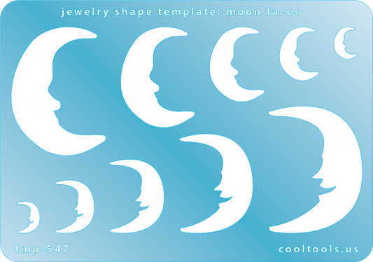 Blue plastic Jewelry Shape Template - Moon Faces Our special surface makes it easy to find these templates on your workbench, but allows clarity for positioning. Use smaller shapes for embossing or enamel stencils. Includes 10 moon shapes. Sizes are from 8mm to 32mm.