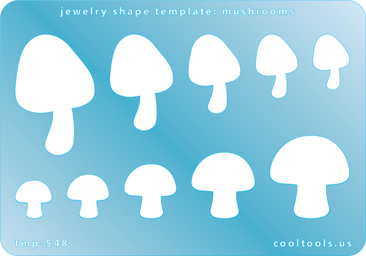 Blue plastic Jewelry Shape Template - Mushrooms Our special surface makes it easy to find these templates on your workbench, but allows clarity for positioning. Use smaller shapes for embossing or enamel stencils. Includes 10 mushroom shapes. Sizes are from 12.5mm to 28mm.