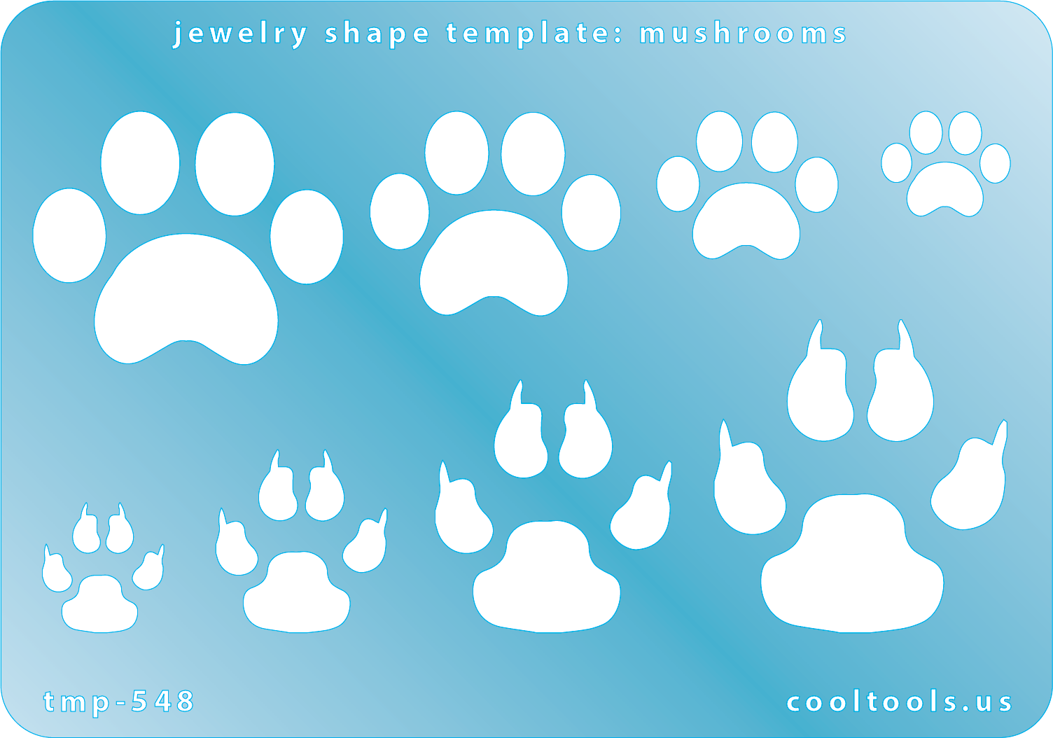 Blue plastic Jewelry Shape Template - Paw Prints Our special surface makes it easy to find these templates on your workbench, but allows clarity for positioning. Use smaller shapes for embossing or enamel stencils. Includes 8 paw print shapes. Sizes are from 14mm to 37mm.