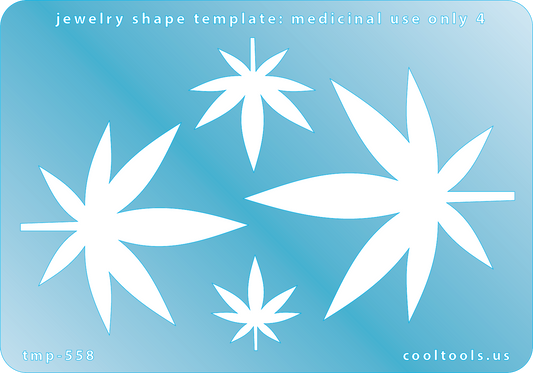 Blue plastic Jewelry Shape Template - Medicinal Use Only 4 Includes 4 cannabis shapes. Sizes are from 22mm to 64mm. Our special surface makes it easy to find these templates on your workbench, but allows clarity for positioning.