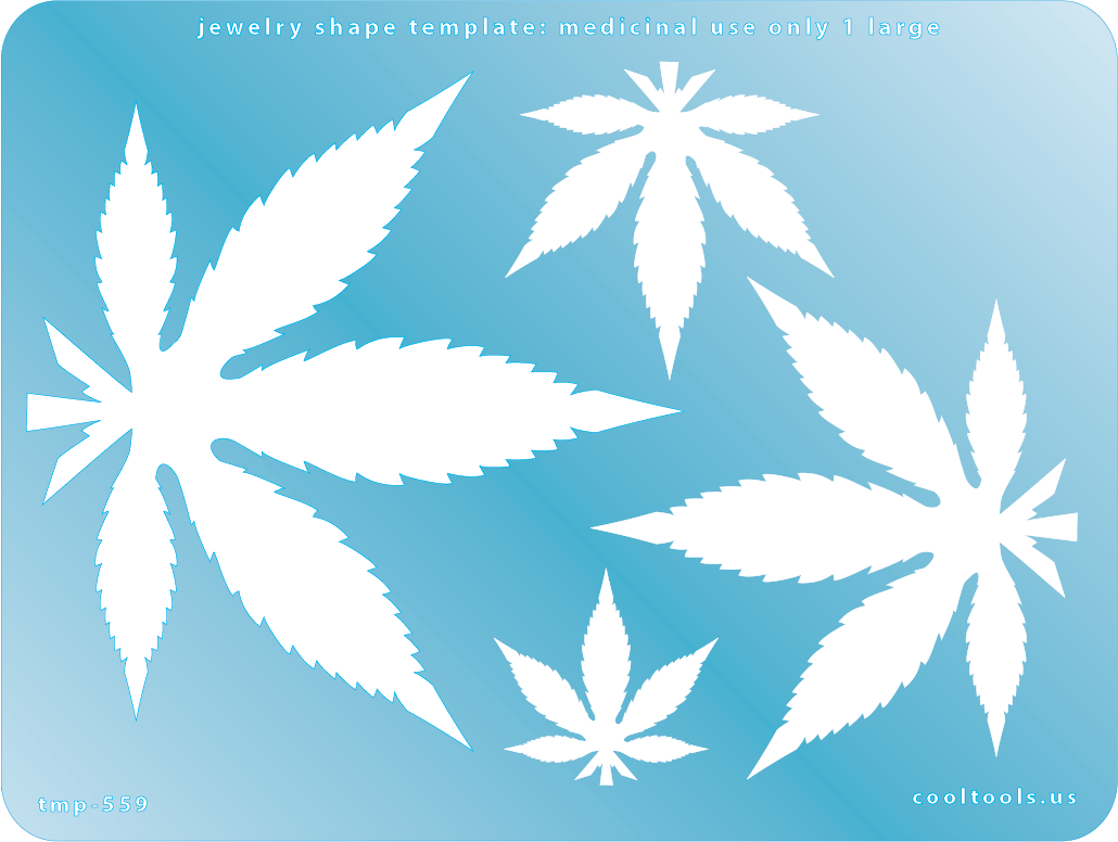 Blue plastic Jewelry Shape Template - Medicinal Use Only Large 1 Includes 4 cannabis shapes. Sizes are from 33mm to 103mm. Our special surface makes it easy to find these templates on your workbench, but allows clarity for positioning.