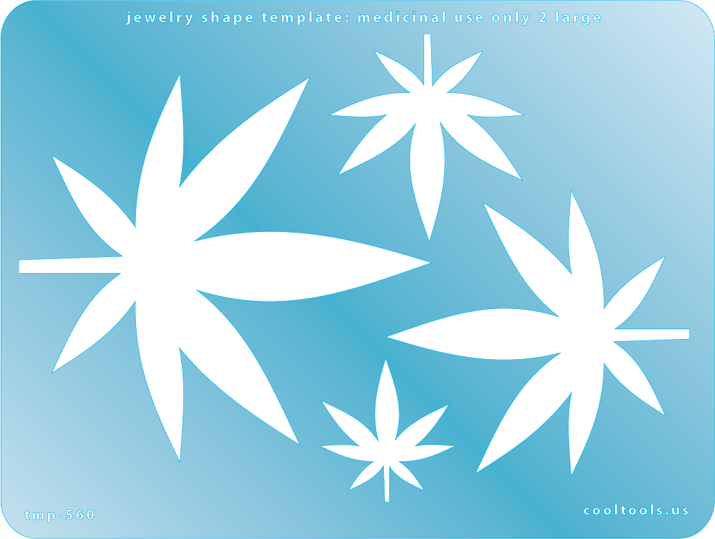 Blue plastic Jewelry Shape Template - Medicinal Use Only Large 2 Includes 4 cannabis shapes. Sizes are from 33mm to 103mm. Our special surface makes it easy to find these templates on your workbench, but allows clarity for positioning.