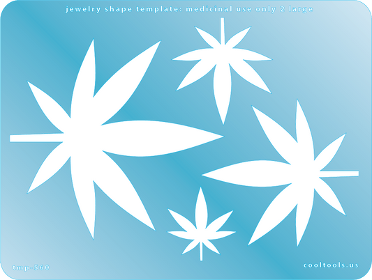 Blue plastic Jewelry Shape Template - Medicinal Use Only Large 2 Includes 4 cannabis shapes. Sizes are from 33mm to 103mm. Our special surface makes it easy to find these templates on your workbench, but allows clarity for positioning.