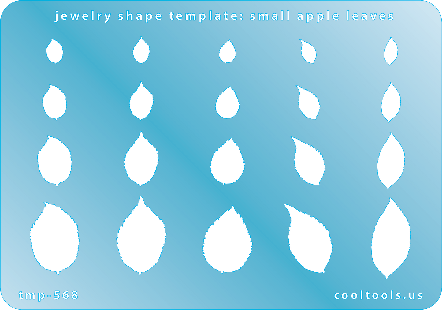 Blue plastic Jewelry Shape Template - Small Apple Leaves Includes 20 shapes. Sizes are from 7mm to 22.5mm. Our special surface makes it easy to find these templates on your workbench, but allows clarity for positioning.