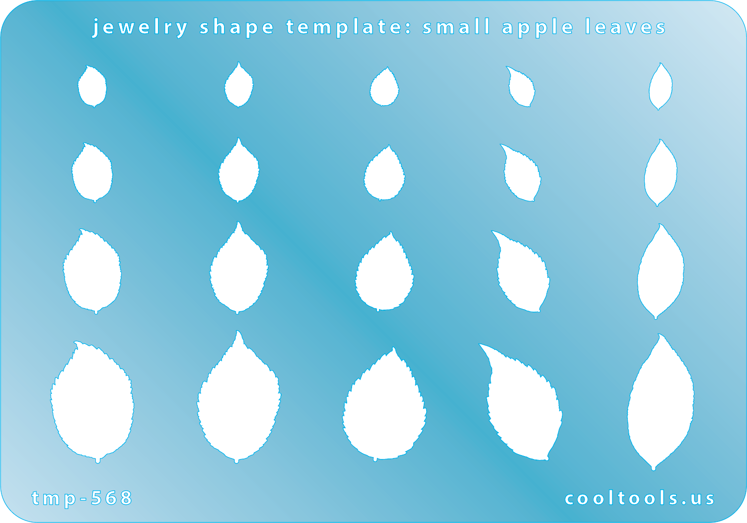 Blue plastic Jewelry Shape Template - Small Apple Leaves Includes 20 shapes. Sizes are from 7mm to 22.5mm. Our special surface makes it easy to find these templates on your workbench, but allows clarity for positioning.