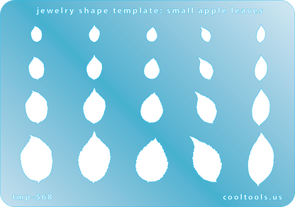 Blue plastic Jewelry Shape Template - Small Apple Leaves Includes 20 shapes. Sizes are from 7mm to 22.5mm. Our special surface makes it easy to find these templates on your workbench, but allows clarity for positioning.