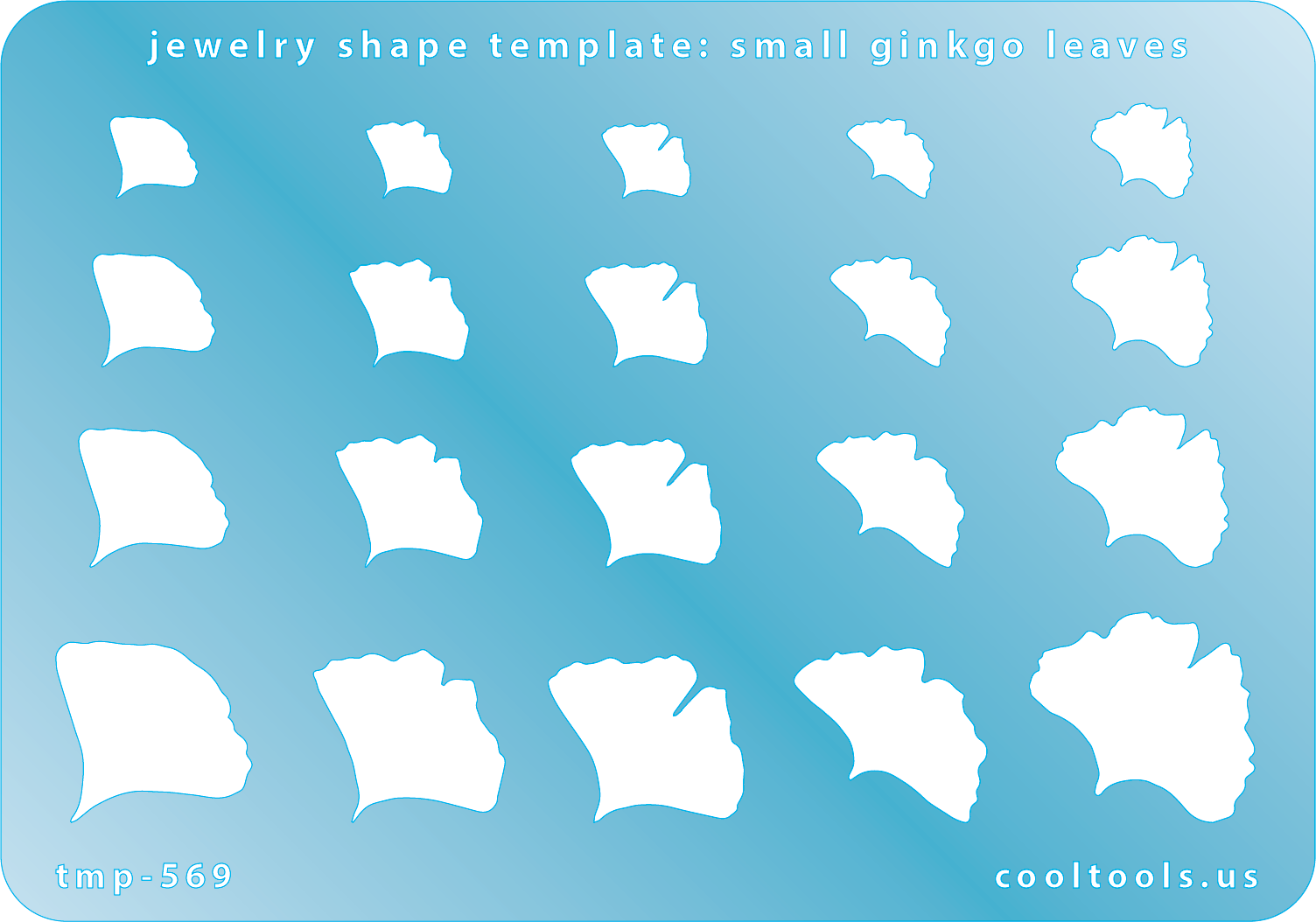 Blue plastic Jewelry Shape Template - Small Ginkgo Leaves Includes 20 shapes. Sizes are from 9.5mm to 24mm.  Our special surface makes it easy to find these templates on your workbench, but allows clarity for positioning.