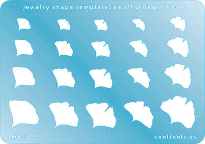 Blue plastic Jewelry Shape Template - Small Ginkgo Leaves Includes 20 shapes. Sizes are from 9.5mm to 24mm.  Our special surface makes it easy to find these templates on your workbench, but allows clarity for positioning.
