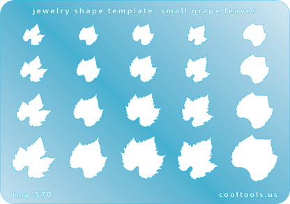 Blue plastic Jewelry Shape Template - Small Grape Leaves Includes 20 shapes. Sizes are from 9mm to 20mm. Our special surface makes it easy to find these templates on your workbench, but allows clarity for positioning.