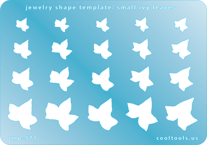 Blue plastic Jewelry Shape Template - Small Ivy Leaves Includes 20 shapes. Sizes are from 8mm to 21.5mm. Our special surface makes it easy to find these templates on your workbench, but allows clarity for positioning.