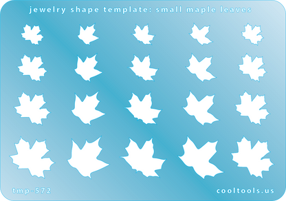 Blue plastic Jewelry Shape Template - Small Maple Leaves Includes 20 shapes. Sizes are from 9.5mm to 19mm. Our special surface makes it easy to find these templates on your workbench, but allows clarity for positioning.