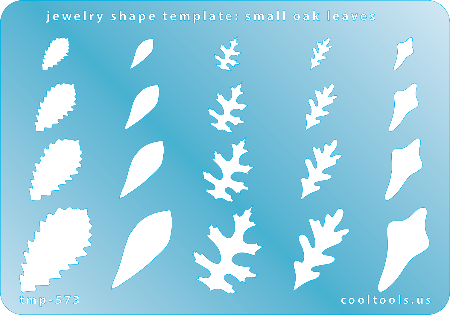 Blue plastic Jewelry Shape Template - Small Oak Leaves Includes 20 shapes. Sizes are from 9mm to 29mm. Our special surface makes it easy to find these templates on your workbench, but allows clarity for positioning.