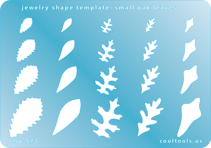Blue plastic Jewelry Shape Template - Small Oak Leaves Includes 20 shapes. Sizes are from 9mm to 29mm. Our special surface makes it easy to find these templates on your workbench, but allows clarity for positioning.