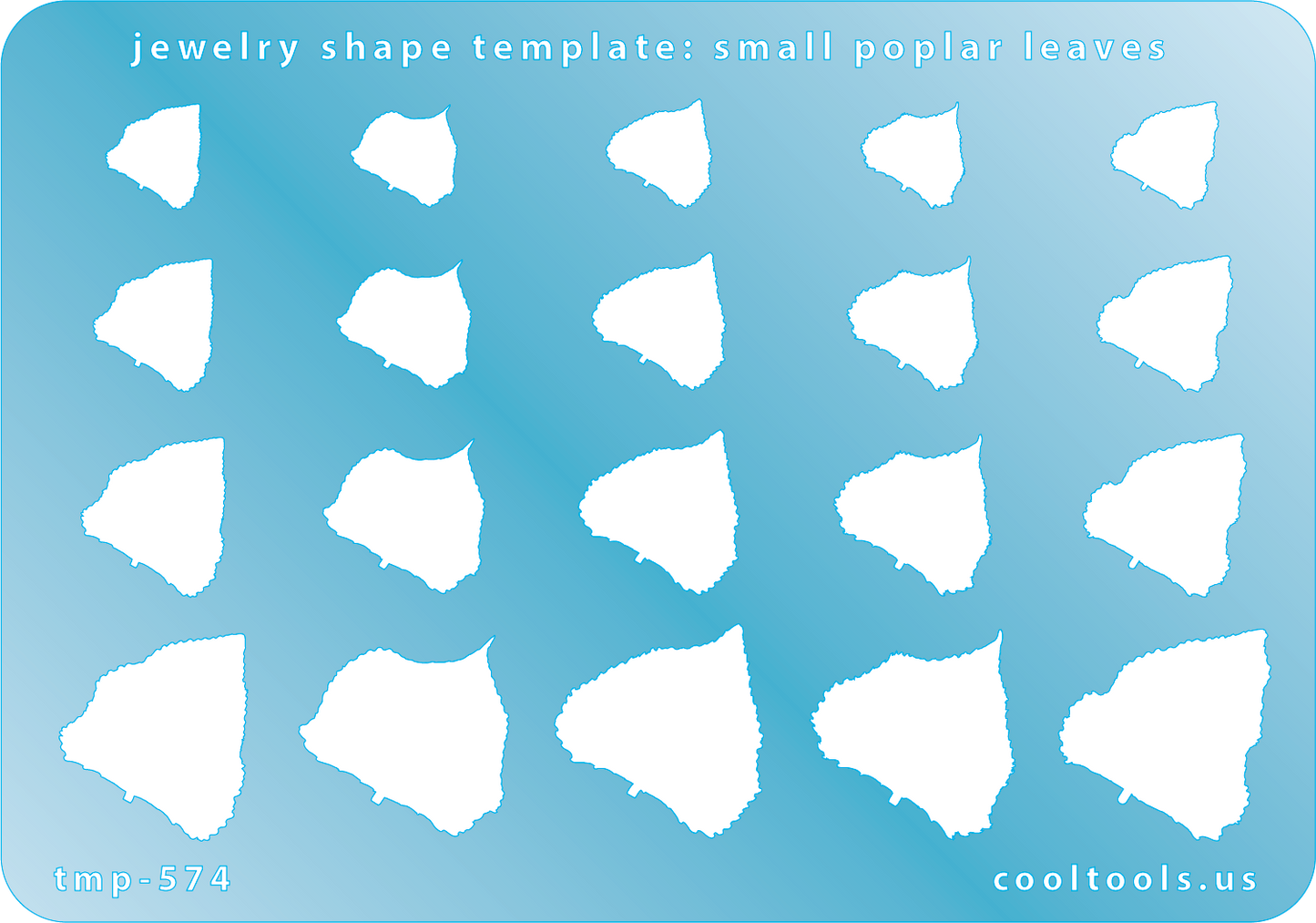 Blue plastic Jewelry Shape Template - Small Poplar Leaves Includes 20 shapes. Sizes are from 9mm to 19.5mm. Our special surface makes it easy to find these templates on your workbench, but allows clarity for positioning.