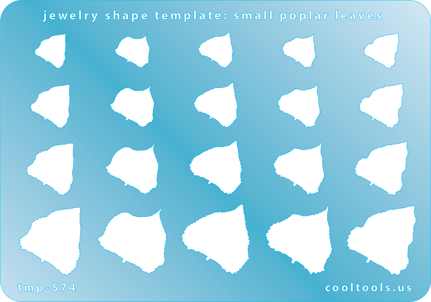 Blue plastic Jewelry Shape Template - Small Poplar Leaves Includes 20 shapes. Sizes are from 9mm to 19.5mm. Our special surface makes it easy to find these templates on your workbench, but allows clarity for positioning.